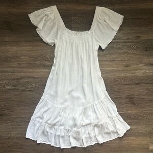 Gentle Fawn White Babydoll Dress with Square Neckline, Ruffle Hem and Cap Sleeve
